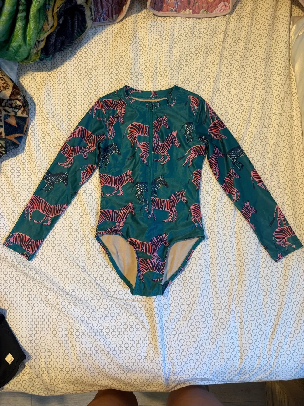 Tea Collection Teal Long-Sleeve One-Piece with Pink Zebra Print